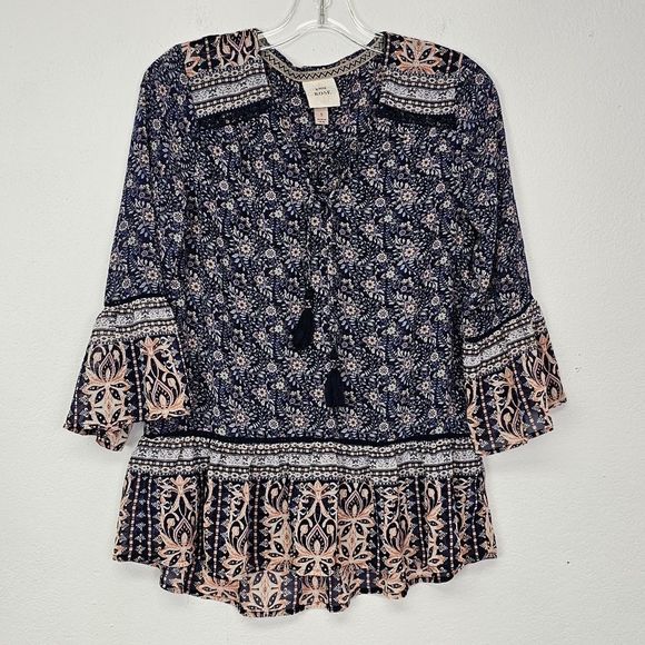 Knox Rose Boho Tunic Chiffon Blue Floral Tie Front Sz S Boho Cottagecore Country - Picture 2 of 10